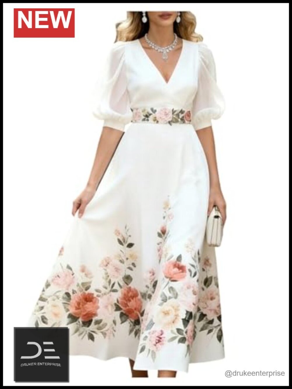 Women's Floral Puff Sleeve A-Line Maxi Dress